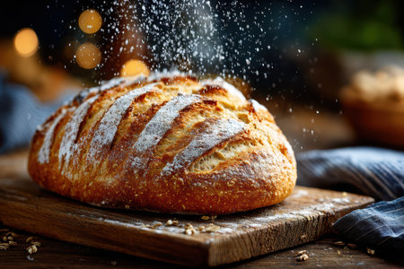 A rustic loaf of artisan bread on a farmhouse kitchen table, under warm, natural lighting, shot with a 35mm lens, with a sudden puff of flour dusting the sceneの写真素材