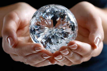 Two hands gently cradle a sparkling diamond sphere reflecting light beautifully, showcasing its facets.の写真素材