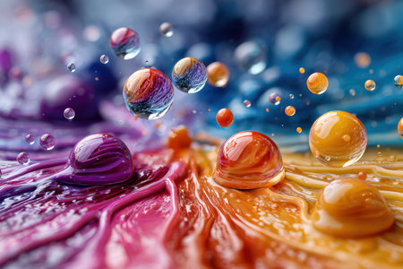 Abstract image of colorful liquid paint with floating reflective spheresの写真素材