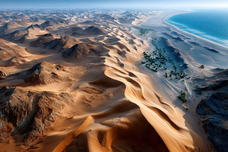 Aerial view of a vast desert landscape with sand dunes meeting the oceanの写真素材