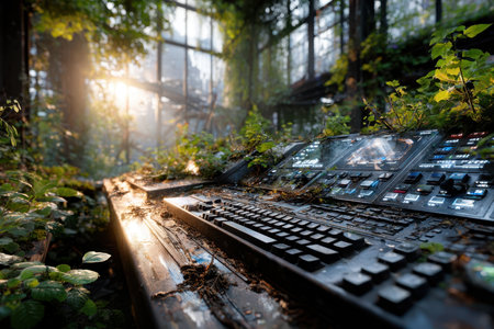 Sunlight streams through broken windows illuminating a control room overrun with plants and vines.の写真素材