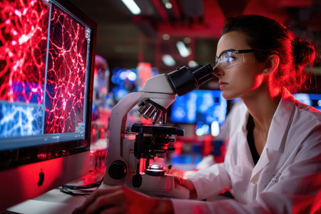 A scientist uses a microscope in a dimly lit laboratory with red lightingの写真素材