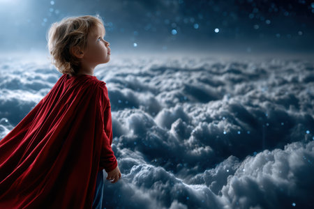 A young child wearing a red cape stands on fluffy clouds, looking up at the stars in a magical night setting.の写真素材