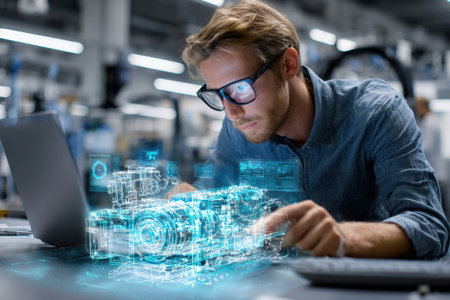 A man with glasses focuses intently on a holographic camera model while working on a laptop.の写真素材