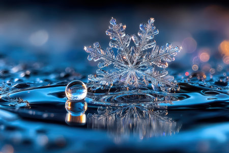 A macro shot of a snowflake, under cold, natural light, with a sudden melting dropの写真素材