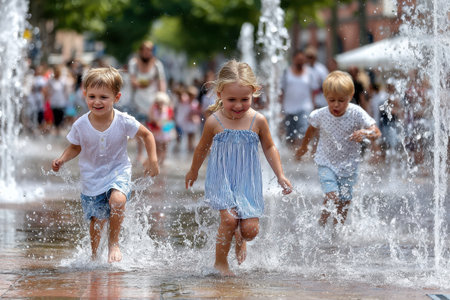 Three kids splash through a public fountain, enjoying the cool water and sunshine on a warm day.の写真素材