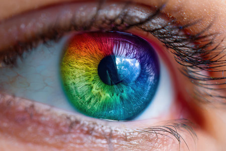 A striking close-up reveals a rainbow-colored eye with vivid hues and a reflection of nature in the iris.の写真素材