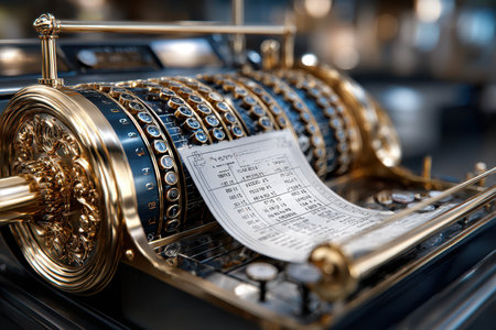 An ornate cash register with intricate designs showcases a printed receipt from a recent transaction.の写真素材