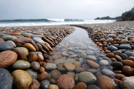 A small river of water flows through smooth pebbles on a beach under a cloudy sky.の写真素材