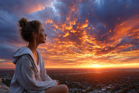 A woman sits peacefully on a mountain overlook, admiring a vibrant sunset filled with orange and purple hues.の写真素材