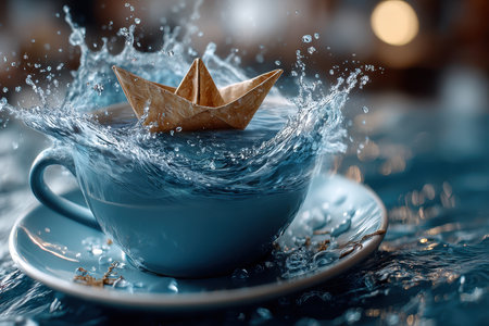 A handmade origami boat floats on the water inside a coffee cup, creating a playful splash effect.の写真素材