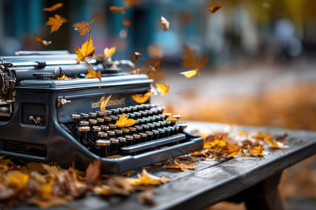 A vintage typewriter sits on a wooden table, surrounded by colorful autumn leaves drifting gently in the breeze.の写真素材