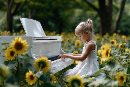 A young girl in a white dress joyfully plays a white piano amid blooming sunflowers under a clear sky.の写真素材