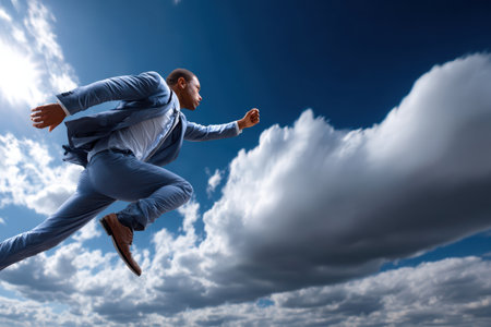 A man wearing a business suit runs energetically against a backdrop of clouds and blue sky.の写真素材