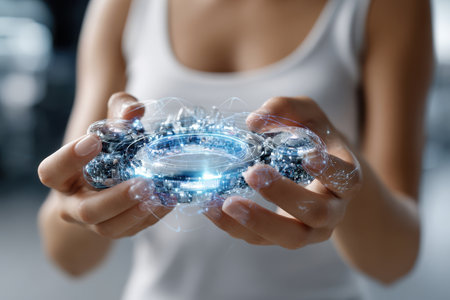 A woman displays a high-tech device with glowing light features in a contemporary indoor setting.の写真素材