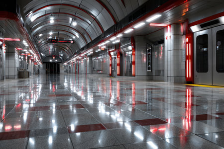 A gleaming, empty subway platform with red accents and bright lightsの写真素材