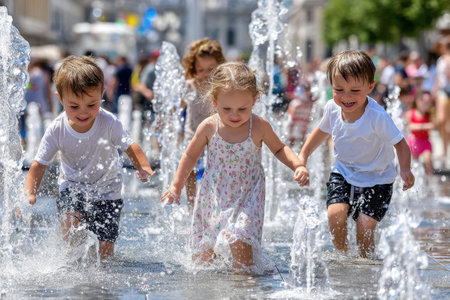 Excited children run through water jets, laughing and splashing in the city square during a warm afternoon.の写真素材
