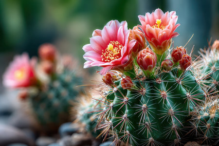 Closeup of a cactus with vibrant pink flowers in bloomの写真素材