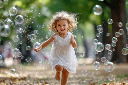A young girl runs through bubbles in a parkの写真素材
