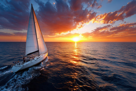 A sailboat glides across a calm sea at sunsetの写真素材