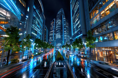 A neon-lit Tokyo street at night, shot with a wide-angle lens, capturing the energy and vibrancy of the cityの写真素材