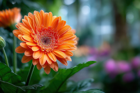 An orange gerbera daisy in bloom with a soft focus backgroundの写真素材