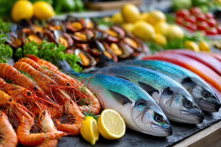 Fresh seafood, including fish, shrimp, and mussels, displayed on a bed of ice with lemon wedgesの写真素材