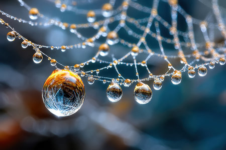 Closeup of water droplets on a spider web in soft focusの写真素材