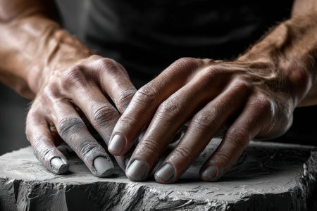 Two hands covered in gray dust rest on a similarly colored surfaceの写真素材