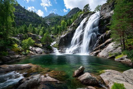 A waterfall cascades into a clear emerald pool surrounded by rocks and treesの写真素材