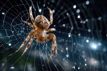 A spider skillfully constructs its web under a starry sky, showing fine details of nature's artistry.の写真素材