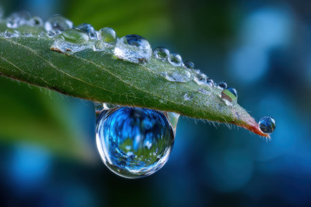 Close-up view of water droplets on a leaf, showing nature's beauty after a recent rainfall in a forest.の写真素材