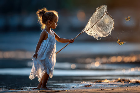 A young child in a white dress uses a net to catch butterflies near the water, illuminated by sunset.の写真素材