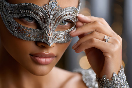 A woman adjusts her sparkling silver mask, embracing the festive atmosphere around her.の写真素材