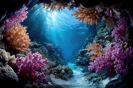 Colorful coral reef teeming with fish in a sunlit underwater caveの写真素材