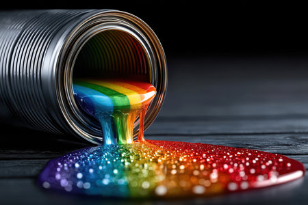 Brightly colored paint flows out of a can, forming a vivid rainbow on a dark wooden surface.の写真素材