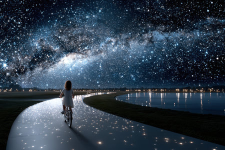 A person cycles along a glowing pathway next to a calm body of water, surrounded by countless stars.の写真素材