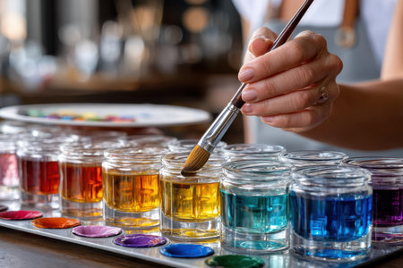 A skilled artist is carefully mixing colors in jars while preparing for a watercolor painting session.の写真素材