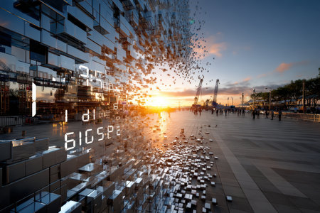 A dissolving digital wall at sunset with people walking in a public plazaの写真素材