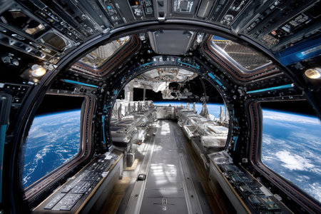 The interior of the International Space Station features various controls and instruments with a view of Earth below.の写真素材