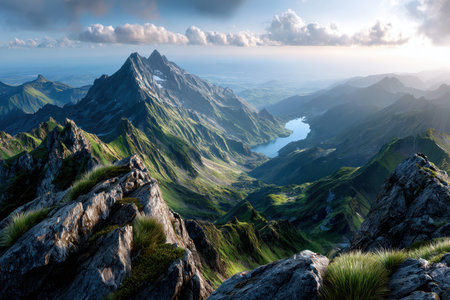 Aerial view of a green mountain valley with a lake at sunriseの写真素材