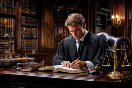 A judge focuses intently while writing in a large book in an elegant library filled with law books.の写真素材