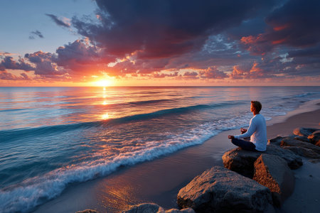 A person meditates peacefully at the ocean's edge during a stunning sunrise with colorful clouds.の写真素材