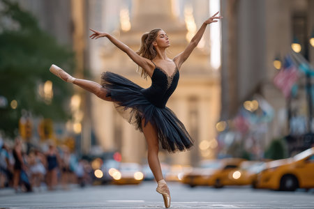 A ballet dancer elegantly showcases her skills in a bustling New York street as the sun sets.の写真素材
