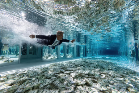 A man dressed in formal attire swims through a clear pool filled with stacked money, creating a surreal atmosphere.の写真素材