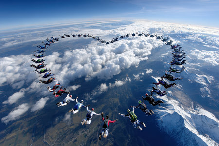 A group of skydivers forms a heart shape in the sky while jumping over beautiful mountains and clouds.の写真素材