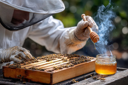A beekeeper in protective gear collects honey from a busy hive while surrounded by green plants.の写真素材