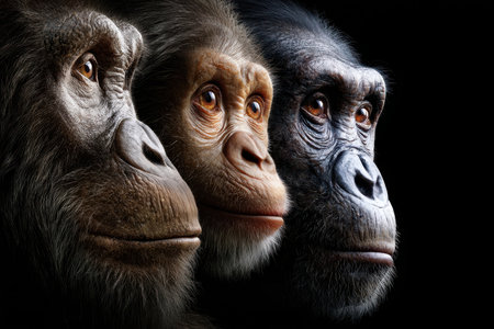 Three primate faces illustrating different stages of evolution, highlighting unique facial traits and emotions.の写真素材