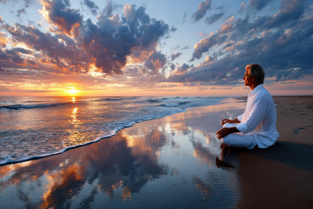 A man sits peacefully on the shore, meditating as the sun sets, creating reflections on the water and clouds.の写真素材