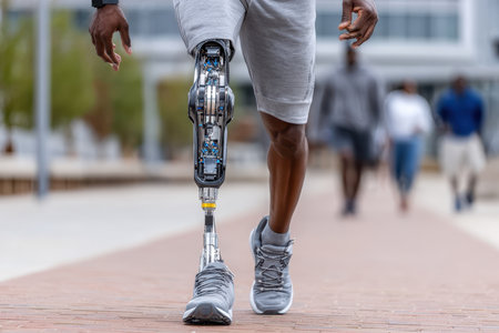 A person with a high-tech running prosthetic leg jogs along a paved path in a modern urban setting.の写真素材